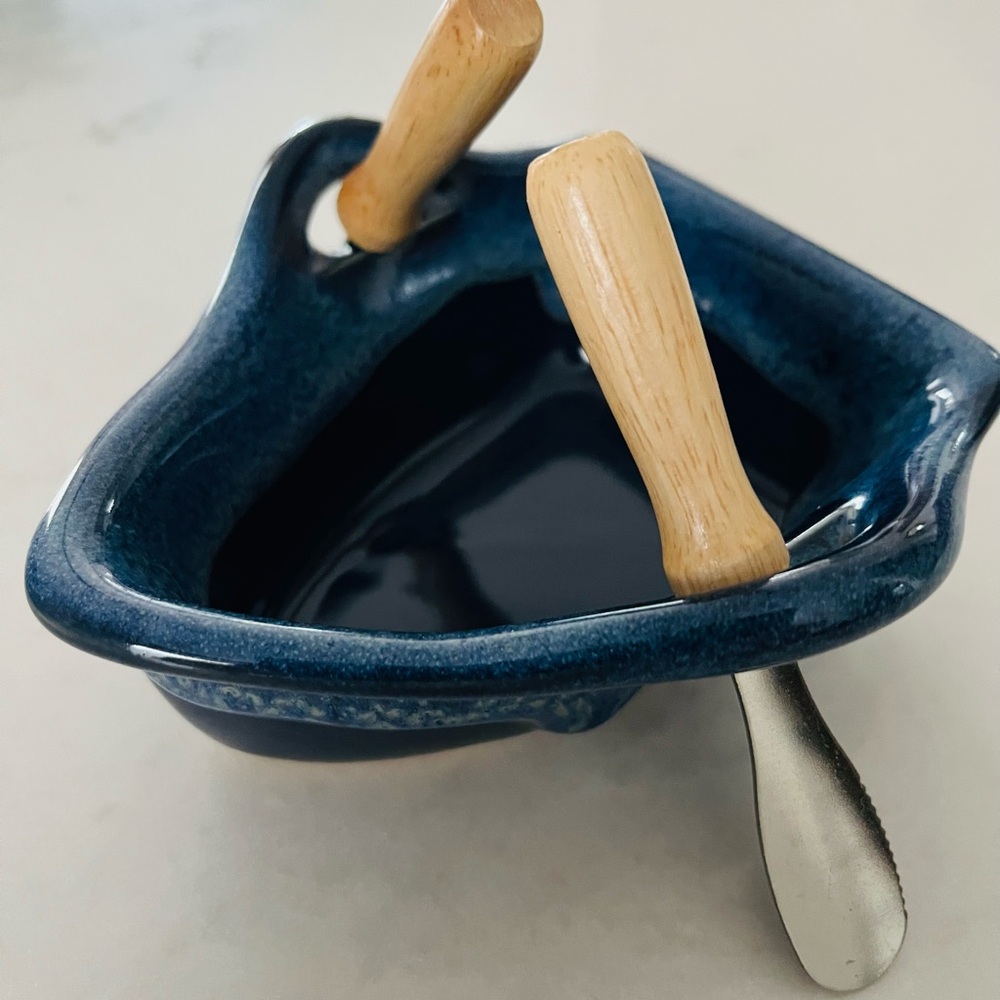 Hand Made Pottery Dip Dish with Wooden Serving Spoons
